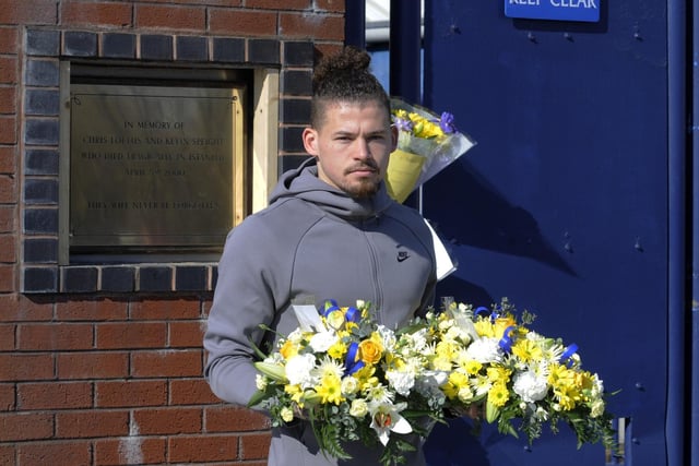 Kalvin Phillips in front of the plaque that remembers Christopher Loftus and Kevin Speight. Picture by Simon Hulme.