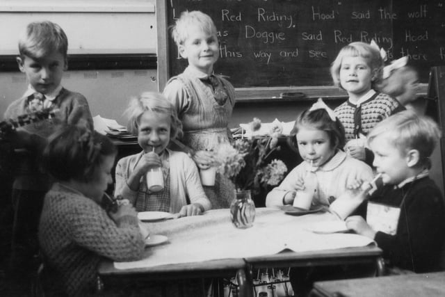 A group of children during their milk break at Bentley Lane Infants School in Meanwood. The Free School Milk Act of 1945 stipulated a quota of a third of a pint of milk a day for every child under the age of 18 years.