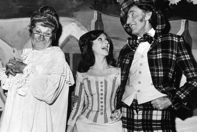 More smiles - this time from the Leeds Grand Theatre pantomime, Mother Goose. 
Susan Mosco is pictured with  Cardew Robinson. Is Stanley Baxter also pictured?
