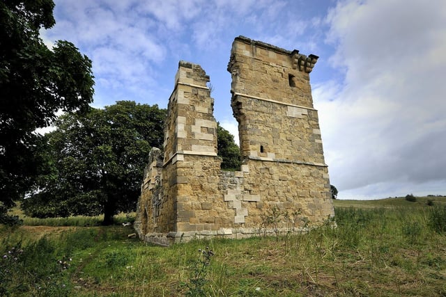 The ruins of Ayton Castle, a 14th-century peel tower in the North York Moors National Park