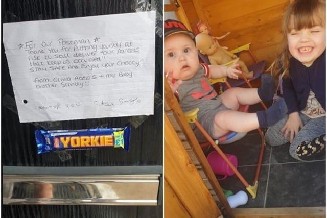 Five-year-old Olivia and little brother Stanley wanted to show their appreciation to their local postman. They left him a chocolate bar and note of thanks.