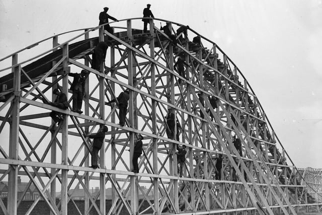 Another picture taken on March 26 1934 shows men at work on the girders of a new switchback, probably at Blackpool Pleasure Beach in readiness for the Easter holiday crowds.