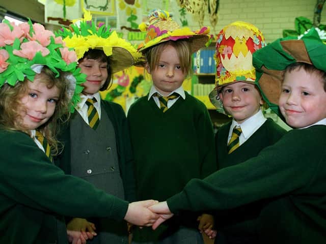 Lytham Primary School Easter bonnet parade, March 1997. Pictured are: Kate Pinnock, Elizabeth Pinnock, Zoe Lee Christopher Turver and Joshua Hough