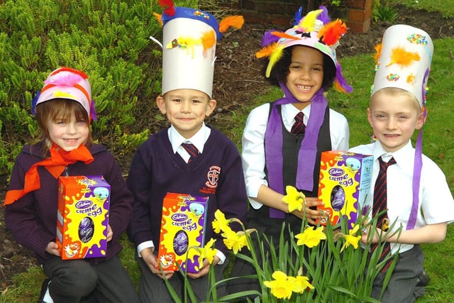 Prizewinners in the Easter Bonnet competition held at St Michael's CE Primary School, Kirkham. From left, Harriet Stott, Stevie Durrant, Lydia Brindley and Adam Welch.