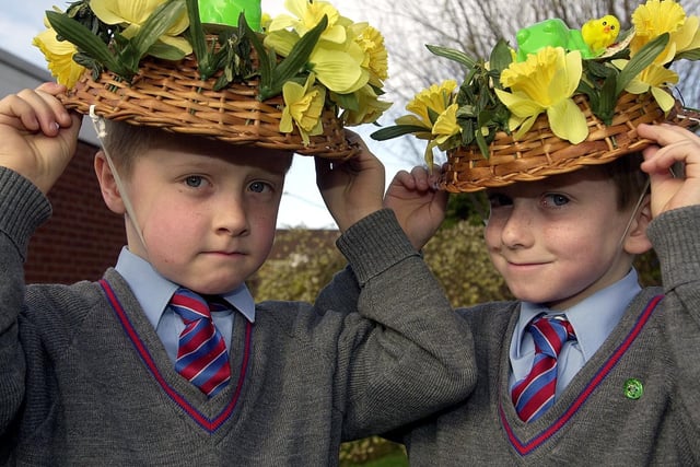 Twins Oliver and Sam Winter (6) from Westcliff infants with their Easter bonnets