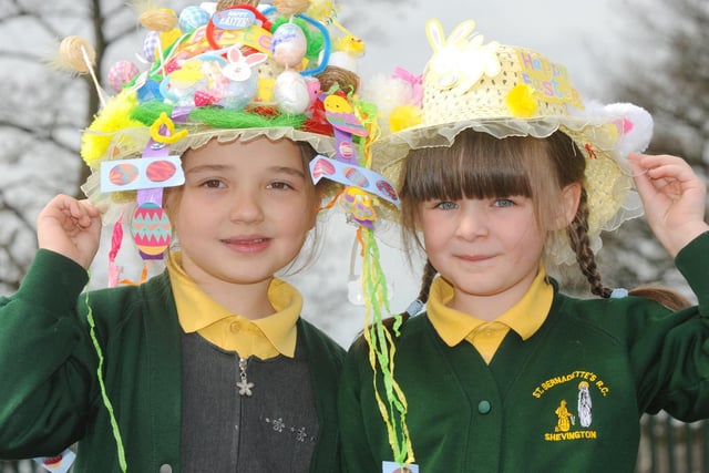 Pupils at St Bernadette's Catholic primary school, Shevington, wear their brightly coloured Easter bonnets, April 2015.