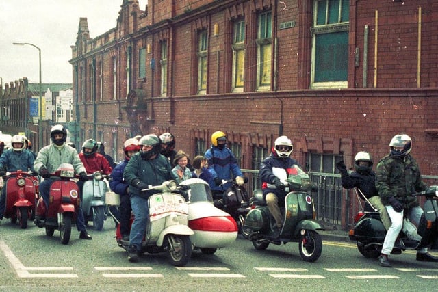 Wigan scooter enthusiasts begin their annual run to Pendlebury childrens hospital with Easter goodies for the youngsters, Easter 1999.