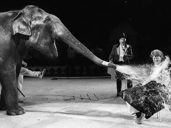 Orrell teacher Laura Turner is sprayed with gallons of water by Alexandra the elephant at Blackpool Tower Circus for a special wash and shampoo session, 
she won in a National Children's Home Charity auction, October 1989.