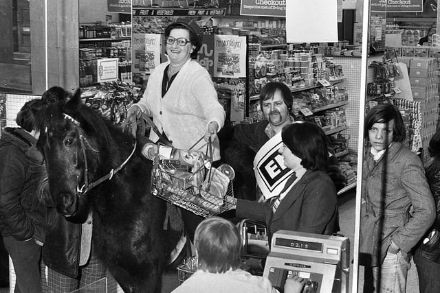 Marie Regan won a bingo game, her prize to take part in a three-minute horseback dash to grab groceries in the Tesco store in King Street, Wigan, in February 1978.