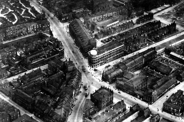 An aerial view showing junction of North Street with Vicar Lane. Leeds Public Dispensary IS on the right.