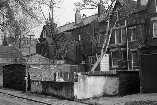 Frankland Place showing the back yards and outbuildings of houses facing onto Spencer Place. These houses have since been demolished. The building in the background, left, by the junction with Leopold Street, is still in existence.