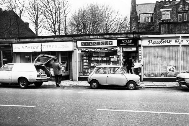 Part of Newton Parade, a row of shops on Chapeltown Road opposite the junction with St. Mary's Road.