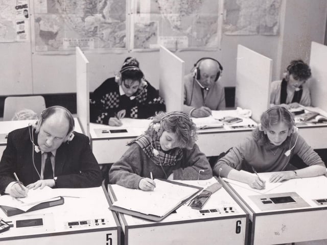 Students hard at work in the Language Lab in August 1991.