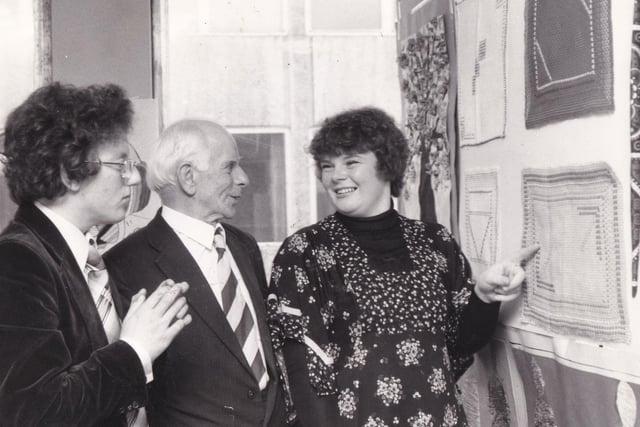 May 1979 and Simon Stocks and Linda Hepworth were students of the year on the special further education course. They are pictured showig off some of their work to Alfred Tallant, chairman of the college governors.