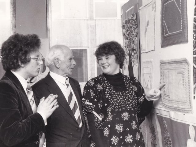May 1979 and Simon Stocks and Linda Hepworth were students of the year on the special further education course. They are pictured showig off some of their work to Alfred Tallant, chairman of the college governors.