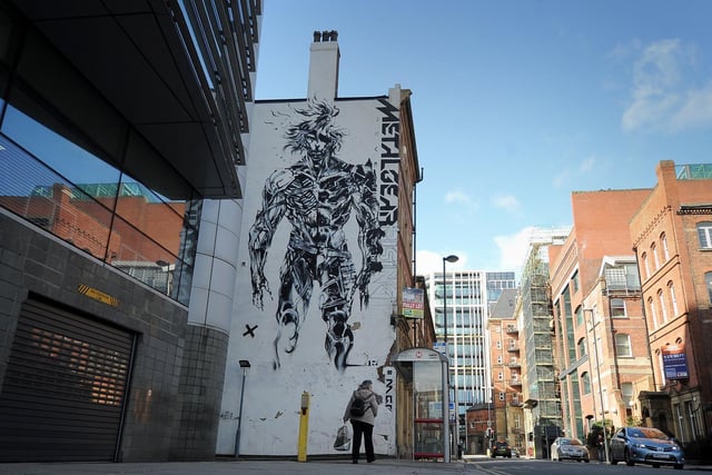 Raiden, the black and white cyborg, on White Cloth gallery in the city centre. Brought to life in Leeds by London-based mural artists EndOfTheLine.