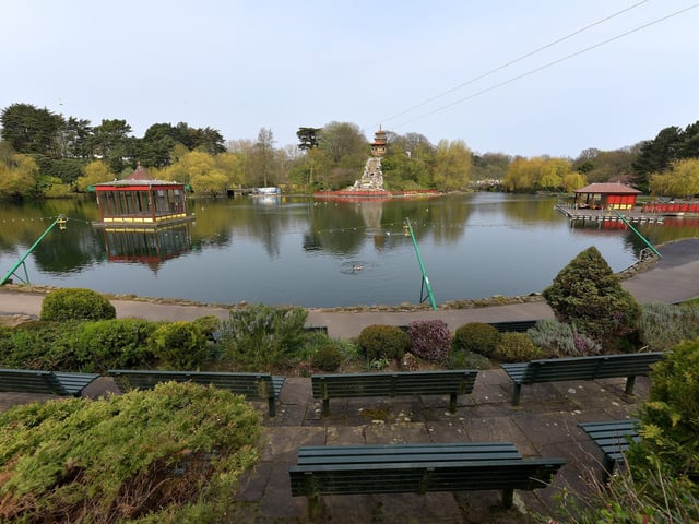 Empty benches in Peasholm Park.