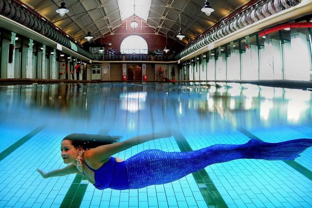 Lucy Meredith dressed as the Bramley Mermaid, Yorkshire Life Aquatic, Bramley Baths, Leeds. September 2016.
