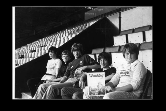 G squad members sitting in the Royal box at Wembley Stadium 14/08/82 
Gazette paperboys and girls trip. L-R Graham Conroy, Roger Nicholls, Kevin Shurmer, Malcolm Shurmer and Colin Astil
