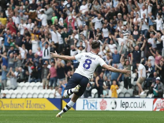 Alan Browne celebrates scoring against Bolton at Deepdale in September 2018, a goal which won him last season's goal of the season award