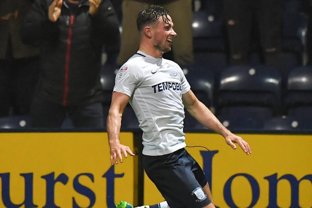 Alan Browne slides on his knees to celebrate scoring with a 45-yard shot against Cardiff in September 2017 - it won him PNE's goal of the season