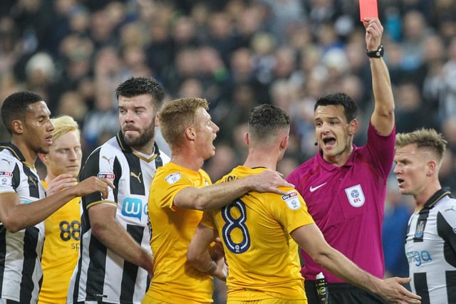 Alan Browne is sent-off against Newcastle at St James' Park in the League Cup in October 2016
