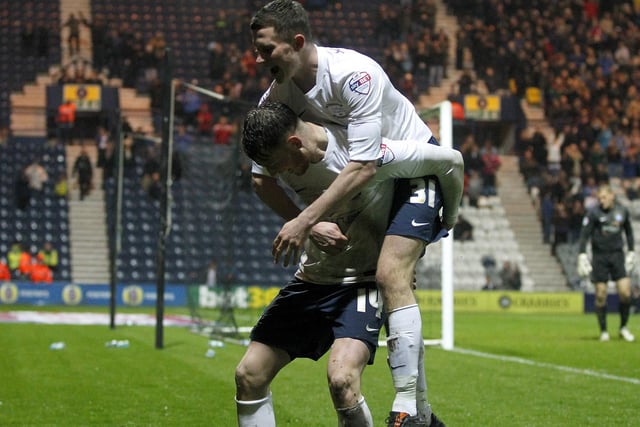 Alan Browne's PNE debut came in a 3-1 win over Peterborough in March 2014 and he's seen here celebrating with Joe Garner