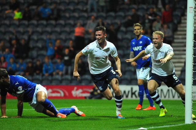 Alan Browne celebrates scoring against Chesterfield at Deepdale in September 2014