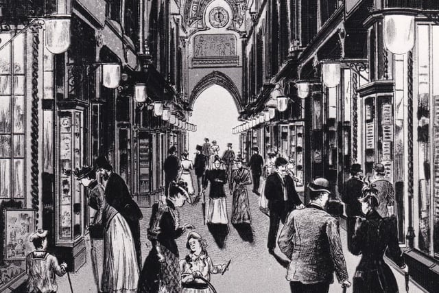 Designed by Leeds architect Charles Fowler it opened in May 1878. Located between Briggate and Lands Lane it was the first arcade to open in the city. This pen and ink drawing showcases the atmosphere of the period.