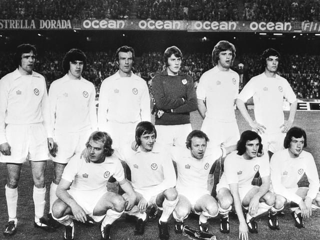 Norman Hunter (far left on back row) and his teammates line up for a photo before the semi-final of the European Cup against Barcelona in April 1975.