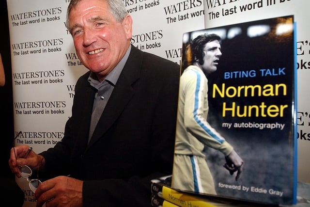 Norman Hunter pictured with his autobiography 'Biting Talk' at Waterstones in July 2004.