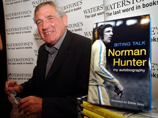 Norman Hunter pictured with his autobiography 'Biting Talk' at Waterstones in July 2004.