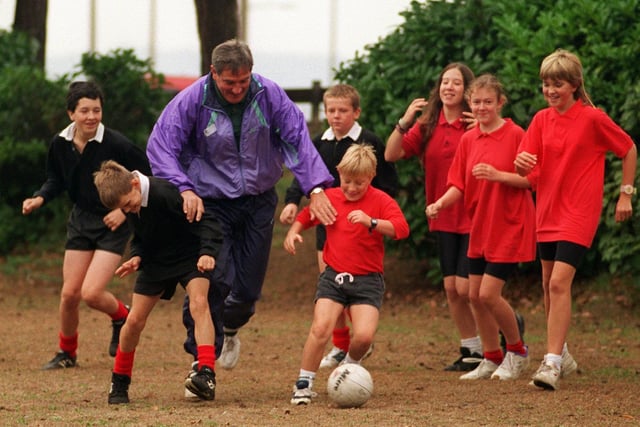 Norman Hunter showed he'd lost none of his skills in March 1998 as he takes on Lawnswood School pupils. He was at the school to launch a new campaign for the Arthritis and Rheumatism Council.