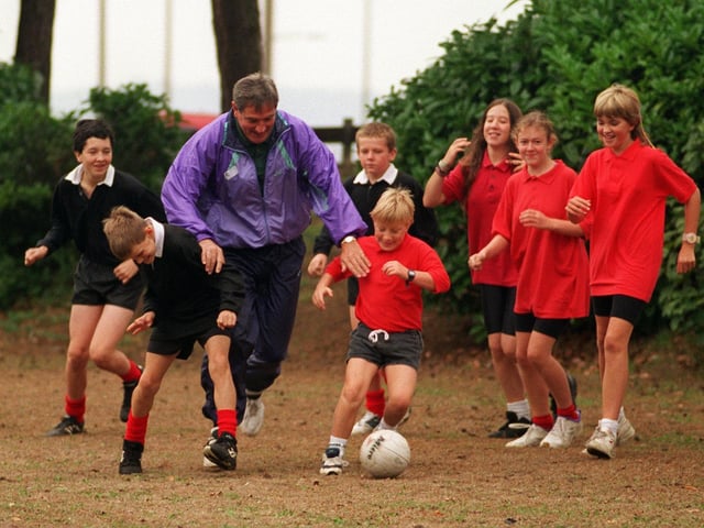 Norman Hunter showed he'd lost none of his skills in March 1998 as he takes on Lawnswood School pupils. He was at the school to launch a new campaign for the Arthritis and Rheumatism Council.