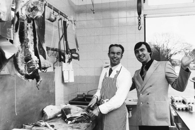 Jack Myers in his Moortwon butcher's shop with market trader Rod Brown.