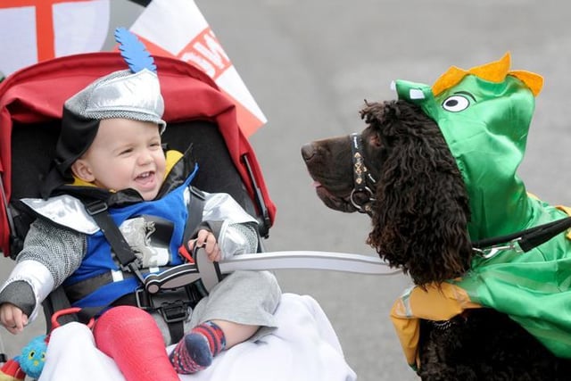 St George's Day parade in Lytham from 2015.  18-month-old George Davies with dog Dougal.