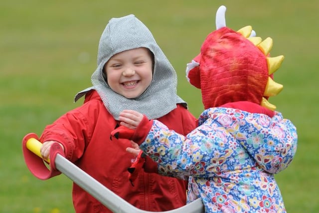 St George's Day parade in Lytham from 2015.  George Wood plays with twin sister Natalie Wood, both aged 4.
