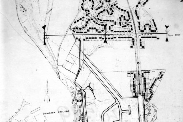 Plan showing new roads between Middleton Colliery and Belle Isle Estate. Running across the top of the image is Windmill Road with Winrose Drive above it leading to Belle Isle circus right at the top of the image.