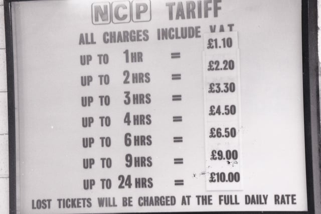 Prices at the NCP Albion Street car park in 1992.