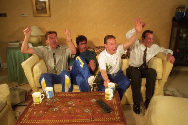 Lee Chapman, Eric Cantona, David Batty and Gary McAllister celebrate winning the title on the sofa at Chappy's Leeds home.