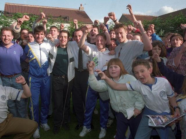 This photo was taken in Lee Chapman's garden after Leeds United were confirmed as champions. Lee Chapman, Eric Cantona, David Batty and Gary McAllister are pictured with fans.