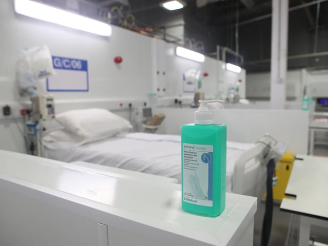 Anti bacterial handgel and beds on the ward at the NHS Nightingale Hospital Yorkshire.