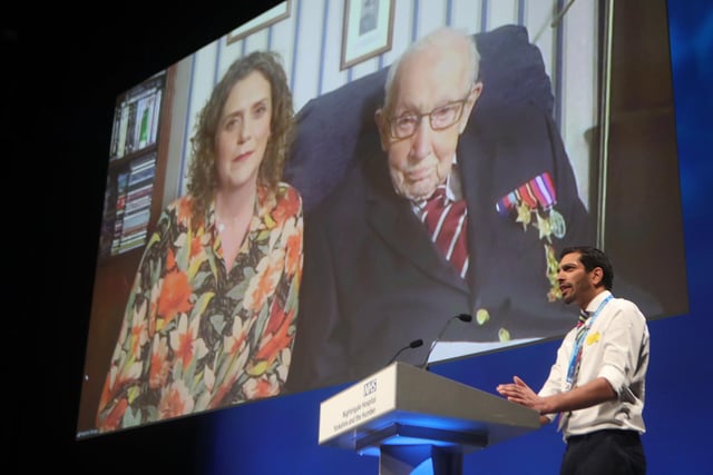 Captain Tom Moore and his daughter Hannah Ingram-Moore speaking via videolink at the opening of NHS Nightingale Hospital Yorkshire and Humber.