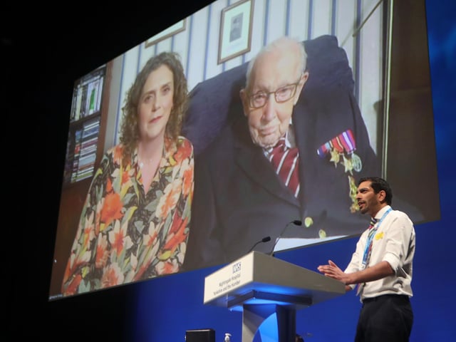 Captain Tom Moore and his daughter Hannah Ingram-Moore speaking via videolink at the opening of NHS Nightingale Hospital Yorkshire and Humber.