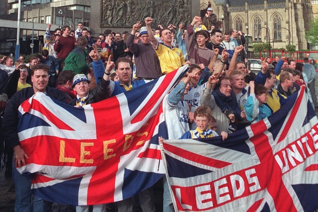 Leeds United fans descended on City Square to celebrate winning the title.