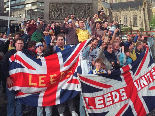 Leeds United fans descended on City Square to celebrate winning the title.