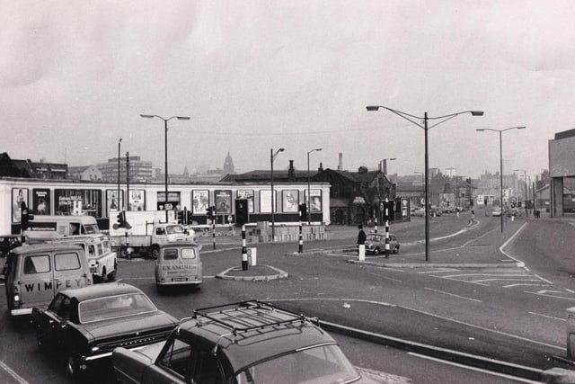 A view of the junction with four of the five inlets closed. This was to allow vehicles to flow from, the Kirkstall side of Wellington Street - on the left - into Wellington Road where the camera is located.