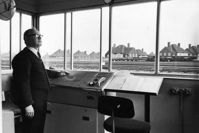 The new British Rail carriage cleaning service depot at Neville Hill. Pictured is  F. Huntington, console operator at the controls of the East end console, which controls all movement of traffic into the washing area.