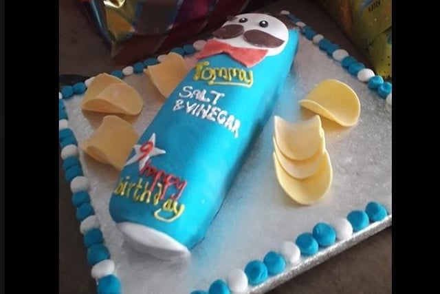 Beckie Blake's cake made for son's birthday today. She said he requested a cola flavoured confetti cake in the shape of a tube of salt and vinegar Pringles!