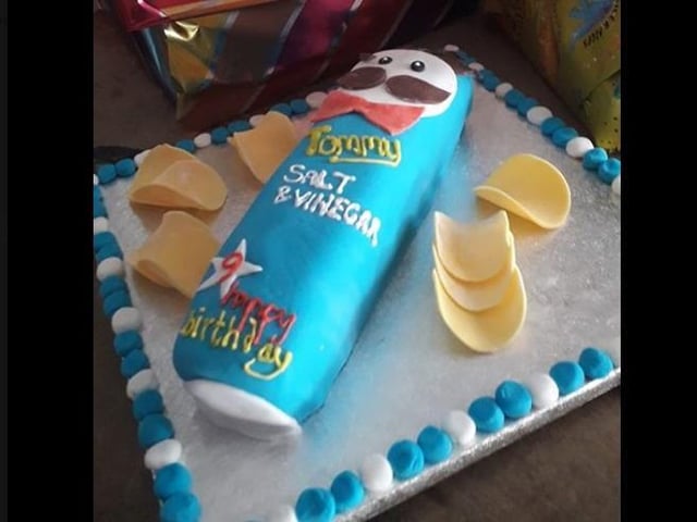 Beckie Blake's cake made for son's birthday today. She said he requested a cola flavoured confetti cake in the shape of a tube of salt and vinegar Pringles!